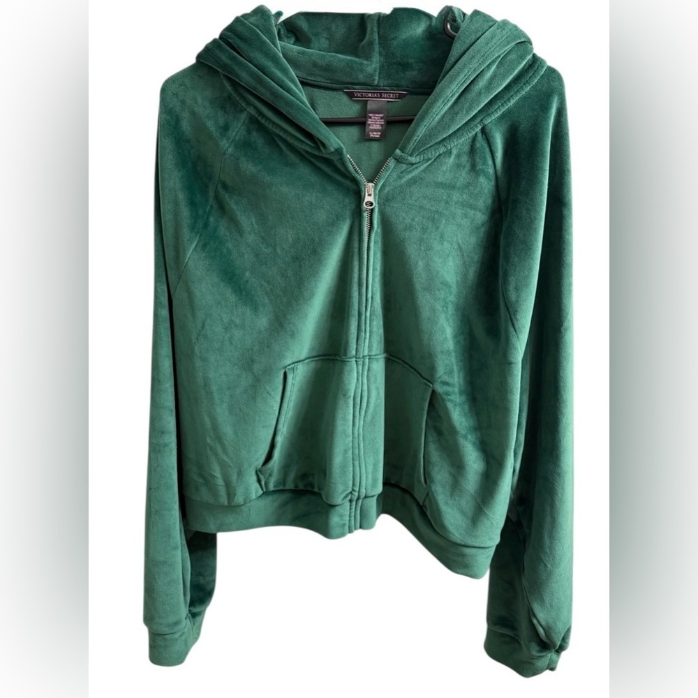 VICTORIA’S SECRET EMERALD GREEN VELOUR PLUSH CROP ZIP HOODIE XL SOFT VELVET - Picture 2 of 12